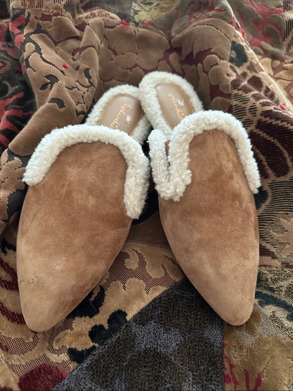 Splendid Liza Tan Suede Shearling-Trim Slip-On Mules - NWOT